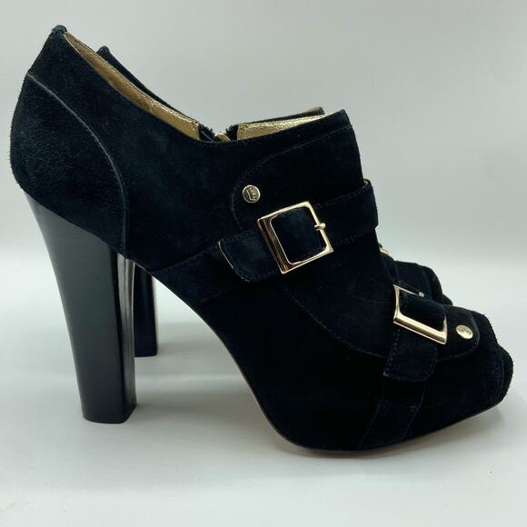 Elaine Turner Elan Buckle Ankle Booties Size 9 Black Suede Leather Platform Heel - Picture 2 of 14